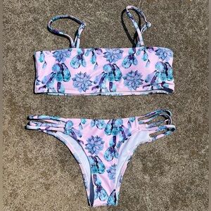 Shein Swim Set Women Size Small‎ Pink Floral Bikini Bandeau Top Cheeky Bottoms
